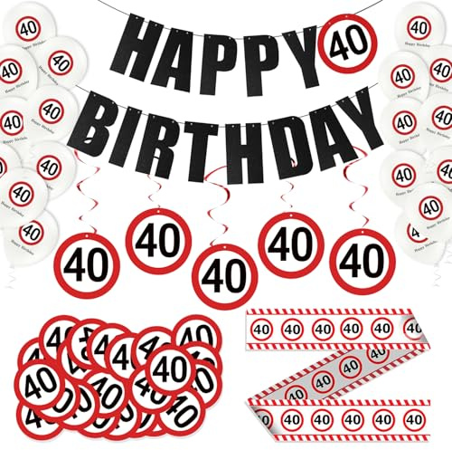 Deko zum 40.Geburtstag für Männer & Frauen, Happy Birthday Decorations Set mit Alles Gute zum Geburtstags Girlande, Konfetti, Spiralen, Absperrband 40 Schild für Geburtstag & Latex-Ballons (40 Jahre)