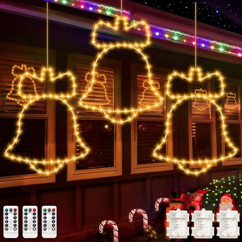 Weihnachtsdeko Fenster Weihnachtsbeleuchtung, 165 LED Glocke Beleuchtet Lichterkette Batteriebetrieben 8 Modi mit Timer Fensterbeleuchtung Weihnachten Fenster deko Leuchtstern für Innen Außen(3 Stück)