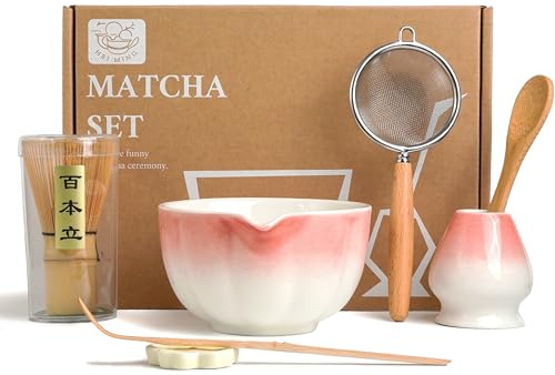HEI MING Set Premium de Matcha de 7 Piezas – Juego Ceremonia Té con Batidor Bambú (Chasen), Cuenco Cerámica Rosa, Cuchara y Accesorios – Regalo Original
