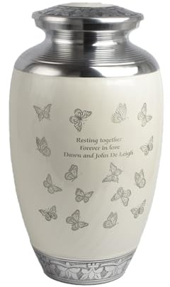 Cremation Urn for Two Adults – XXL Companion Ashes Container for Human Remains – Elegant Memorial Keepsake for Husband, Wife, or Loved Ones (Aluminium, Butterflies-Text engraved)