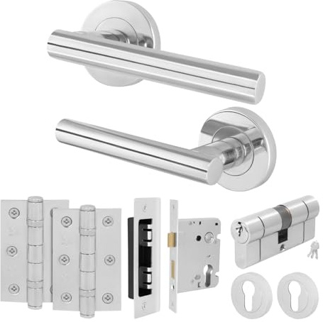 EAI Polished Chrome Door Handle Euro Lock Double Cylinder Kit - Oliena | Complete Kit with 1 Pair of Door Handles, 78mm Euro Lock, Double Cylinder, 76mm Hinges and 2 Escutcheons, Fixings Included