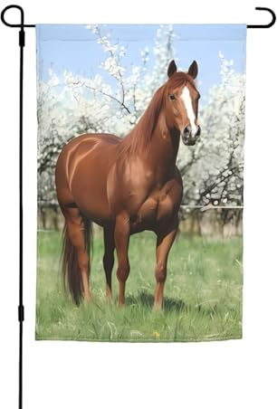 Dekorative Flagge mit Pferd vor blühenden Bäumen, 45 x 30 cm, Polyester, Outdoor-Flagge, perfekt für Garten oder Terrasse