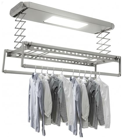 SanBouSi Elektrischer Wäscheständer Deckenmontage Deckentrockner Höhenverstellbar (110cm) mit Fernbedienung & LED-Licht, 8+2 Ausziehbare Stangen, Läuft Ruhig für Balkone, Waschküchen