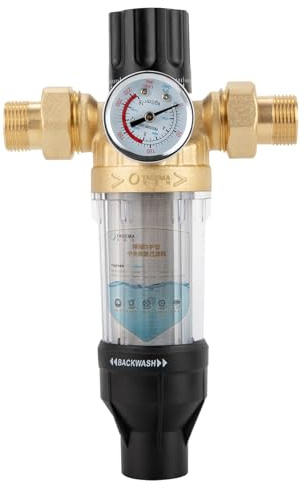 Rückspülfilter Wasserfilter,Wiederverwendbarer fließender Feinfilter mit 316 Edelstahlfiltersieb, 3T/H,40μm Vorfilter Sedimentfilter mit Druckanzeige,3/4“