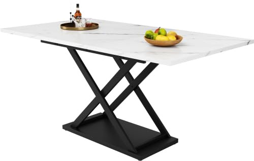 muenfly Ausziehbarer Esstisch 120-160 cm mit Marmoroptik & Kreuzgestell – Weißer Küchentisch, Erweiterbar Esszimmer & Wohnzimmer, Höhe 75 cm