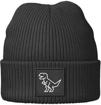 Neverless® Herren Mütze Beanie Patch Dino Tyrannosaurus Rex Aufdruck Wintermütze Aufdruck Print Strickmütze Rippstrick