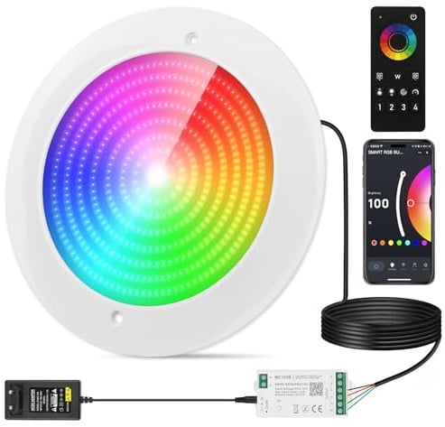 COOLWEST Foco LED Piscina Relleno de Resin, 32W RGBW Lámpara Piscina para Superficie Extraplano, Luces Piscina LED Multicolor con Control APP/Remoto, IP68 Impermeable, 24V DC, Regulable