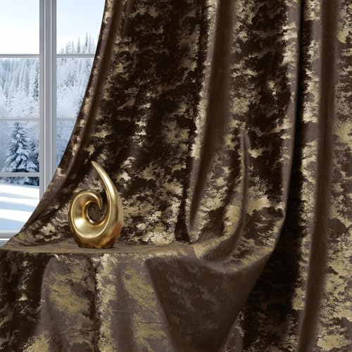 Samtvorhang Kräuselband 2er set, Luxus Vorhänge Verdunkelung Samt, Velvet Gardinen Blickdicht Curtains mit Goldfolie Blätter Muster, Thermovorhang Wohnzimmer Schlafzimmer(H244xB132CM, Braun)
