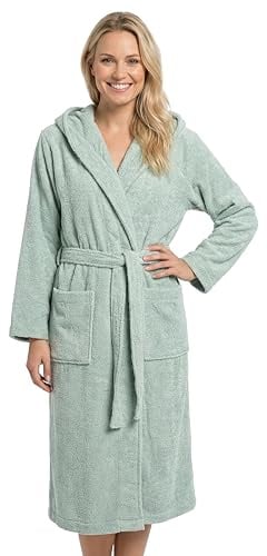 LAYNENBURG Bademantel Damen Frottee aus 100% Baumwolle – OEKO TEX Standard – weicher Morgenmantel langmit Kapuze, Bindegürtel und aufgesetzten Taschen – ideal für Sauna & Zuhause (S-XXXL)
