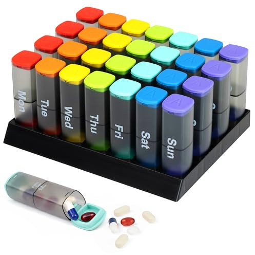Fineway Monthly Pill Organiser - 28-Day Pillbox Medicine Organizer with AM & PM Compartment - 4 Weeks Colour Coded Medication Organizer with Case - Pill Box Organizer for Travel (Transparent Black)