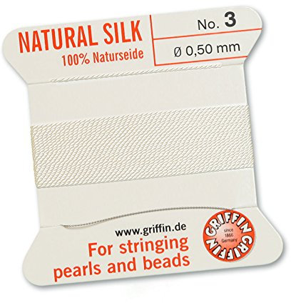Griffin - Filo/cordino/corda per infilatura di perle e perline, al 100% in seta natural, da 2 metri di lunghezza, con un ago, disponibile in 13 misure, colore: bianco, White, 0.50mm