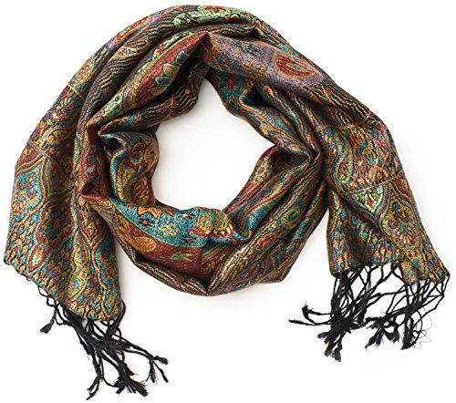 ufash Pashmina 100% Seidenschal aus Indien für Damen & Herren, Paisley Muster, 160 x 35 cm - Schal aus reiner Seide, Braun 2