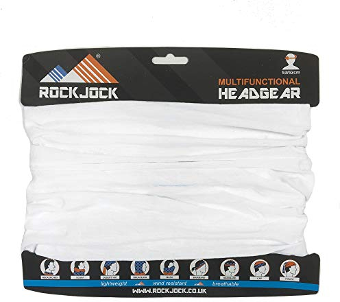 RockJock Multifunctional Headwear Neck Scarf Bandana Balaclava Face mask Headband Hairband Tube Gaiter Stretch Snood for Sports Yoga Running Cycling Hiking – Buy Single or 6 piece Multipack-WHITE-1