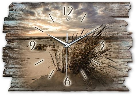 Kreative Feder Designer Wanduhr „Sandstrand“ aus Holz 40x27cm im Shabby Style Design - Designeruhr mit flüsterleisem Uhrwerk ohne Ticken (Sandstrand, leises Funkuhrwerk)