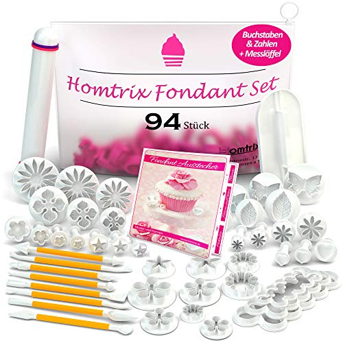 Homtrix Fondant Ausstecher Set mit Buchstaben & Zahlen - Ausstechformen Blumen, Rosen, Sterne - Tortendeko Modellierwerkzeug & Zubehör zum Torten, Kuchen Backen