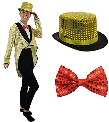 Gold Sequin Tailcoat + Red Sequin Bowtie + Gold Sequin Top Hat Perfect For Stage Show Film Tv Halloween Costume Fancy Dress Available In 5 Sizes