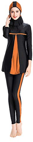Lazzboy Frauen Muslimischen Badeanzug Mit Cap Printing Beachwear Bademode Muslimische Damen, Hijab-Schwimmanzug, Badeanzug, Sportkleidung(Orange,S)