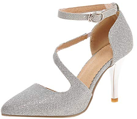 MISSUIT Damen High Heels Glitzer Pumps mit Riemchen Stiletto Pumps Spitz 8cm Absatz Kleid Hochzeit Brautschuhe(Silber,35)