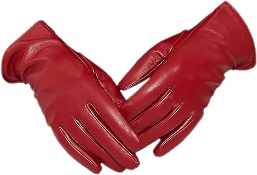 ZLUXURQ Damen Weiche Rot echte Lammfell Leder Leder kaltes Wetter Touchscreen Handschuhe Kaschmir gefüttert