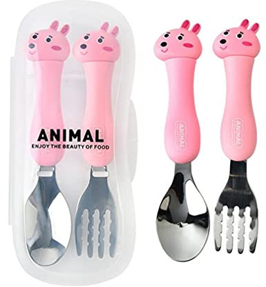 Ensemble fourchette et cuillère pour bébé - En acier inoxydable - Avec boîte de rangement - Poignée ergonomique en plastique - Pour le travail, le camping, les voyages - Lapin rose