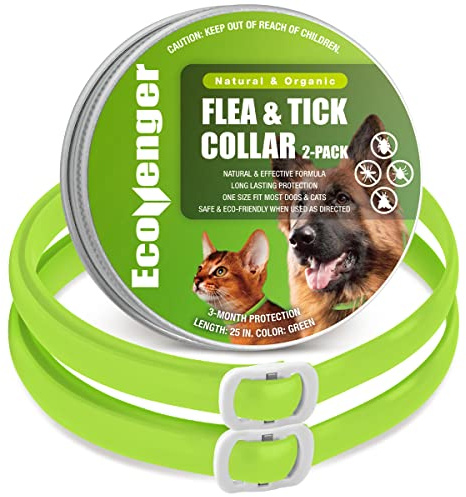 EcoVenger Flea Collars for Dogs & Cats - Flea & Tick Repellent 2-Pack Green. Built-in Pant-Based Formula Strong Repellency Slow Release, Lasting Protection, Pleasant Aroma, Waterproof