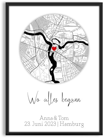 Wo Alles Begann Bild personalisierbar mit Landkarte und Koordinaten | schwarz weiss | optional mit Rahmen | Geschenk für Partner oder Verlobungsgeschenk | 1. Erstes gemeinsames Date (Weiss)
