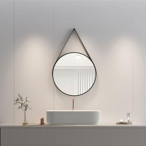 Heilmetz Miroir Rond 50 cm, Cadre Noir, Sangle Amovible, Miroir Mural Rond pour Salle de Bain Salon Chambre Entrée