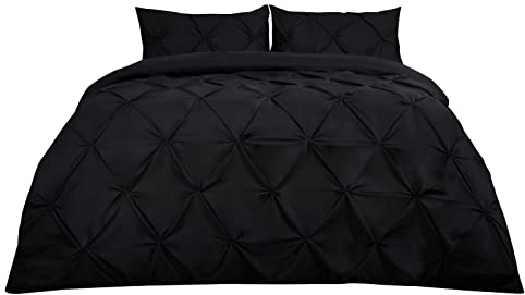 Highams Diamond Pintuck Duvet Cover with Pillowcase Luxury Pinch Pleat Bedding Set, Black – King