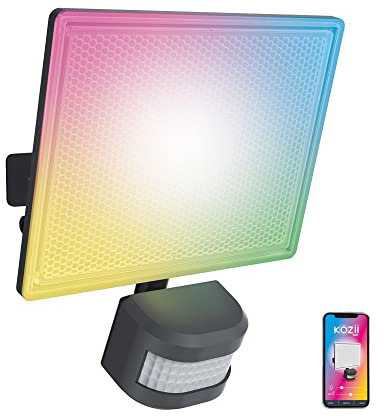 KOZII, Projecteur mural connecté 20W RGB avec détecteur de mouvement, éclairage extérieur étanche, télécommande incluse, idéal pour jardin, terrasse et événements