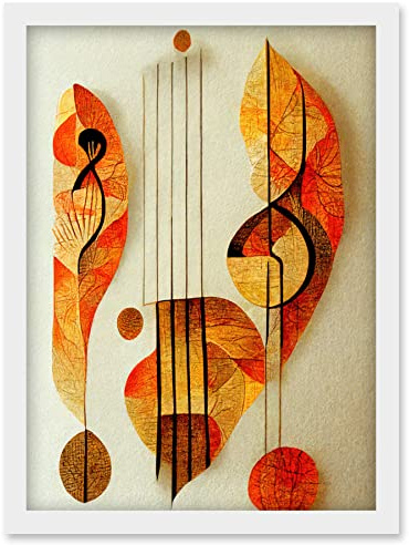 Wee Blue Coo Modern Abstract Musical Symbol Clef and Staff in Warm Autumn Colours Artwork Framed Wall Art Print A4