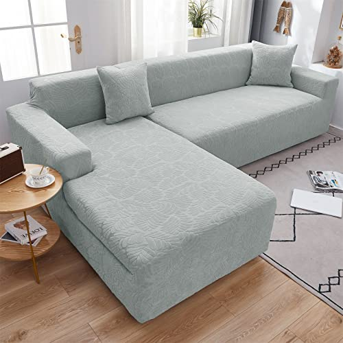 TOPCHANCES Sofabezug 3 Sitzer L Form - Weiche Anti-Rutsch-Stretch Sofabezüge Sofabezug Möbelschoner mit 2 Kissenbezügen für L geformtes Sektionssofa (Silver Grey, Leaves)