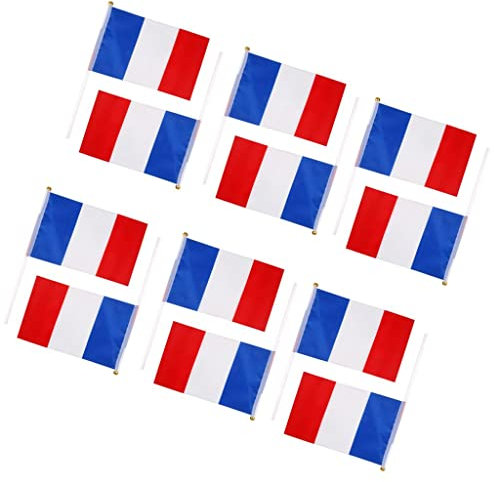 misppro Banderas de Francia, mini bandera francesa de mano de 8 x 5 pulgadas con poste blanco de 12 pulgadas, colores vivos y resistentes a la decoloración (1 docena/12 piezas)