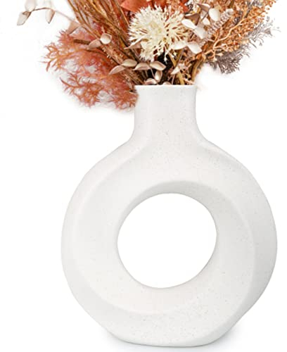 Tyywjw Keramik Donut Vase Weiß für Pampasgras, 22.5cm Hoch Donut Vase Weiß Matt Groß, Runde Vase mit Loch, Trockenblumen Blumenvasen, Moderne Vasen Deko für Büro Haus Schlafzimmer Wohnzimmer