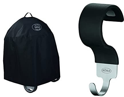 RÖSLE Holzkohle-Kugelgrill Abdeckhaube No.1 F50/F50 AIR, Hochwertige Schutzhülle aus 100% Polyester & Hakenset, Hochwertige Haken für RÖSLE Kugelgrill No.1 F50/F60, Edelstahl 18/10, Silikon, 5-teilig