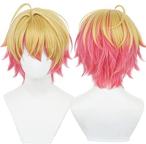 Cosplay Perücke mit kurzen goldenen gemischten pinken und lila Kostümhaaren für Männer Halloween Perücken