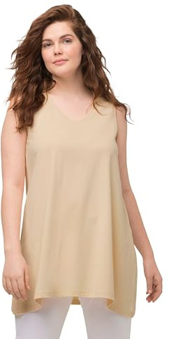 Ulla Popken Damen große Größen Übergrößen Plus Size Longtop, Naturfärbung, A-Linie, V-Ausschnitt, ärmellos Popcorn 46+ 818620668-46+