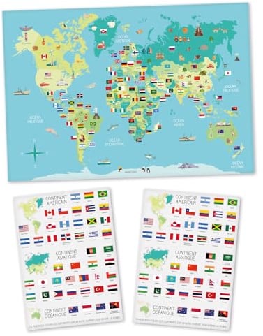 MÉGACRÉA Carte du monde pour enfant avec stickers drapeaux