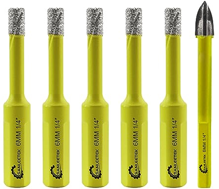 Foret Diamant Sec Set - 5 pièces 6mm SANLEETEK Trépan Diamant et 1 pièce 6mm Foret en Carbure avec Tige Triangulaire pour Céramique Porcelaine Granit Marbre Quartz Grès