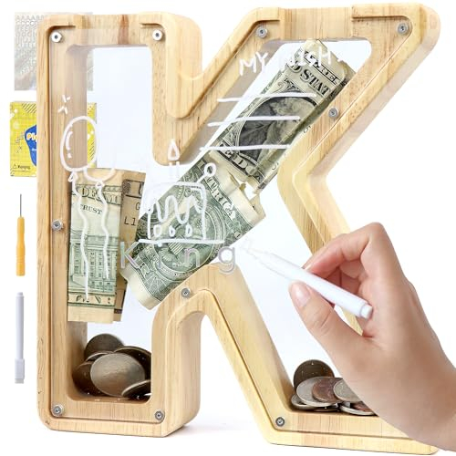 LEcylankEr Spardose Kinder, Spardose Holz Buchstabe, Spardose Personalisiert, Kreative Sparschwein für Geburtstag Geschenk/Heimdekoration/Keepsake (K)