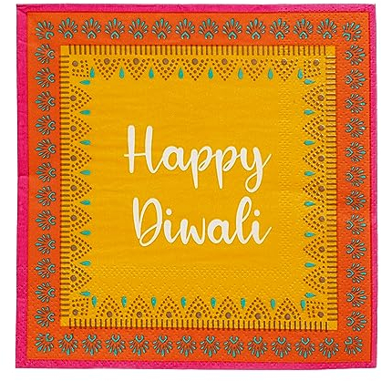Diwali Paper Napkins | Recyclable Serviettes for Eid Celebration |Disposable Tableware for Bollywood Themed Party | Mandala/Henna/Rangoli Design Yellow, orange, pink - Premium Feel Pack of 20