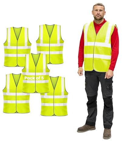 Vasego - 5 Pack of Plain Hi Visibility Reflective Safety Vest for Men & Women Fluorescent Waistcoat for Outdoor Running Walking Motor Bicycle Drivers -Class 2 (Plain Vest, Yellow, S)