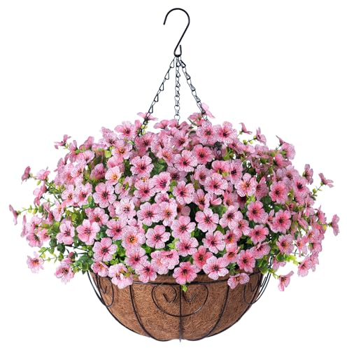Artificial Fake Hanging Plants Flowers with Basket Outdoor Decor Faux Silk Dasiy Flower Arrangements in Pot Planter for Porch Home Indoor Patio Garden Yard Decoration, Pink