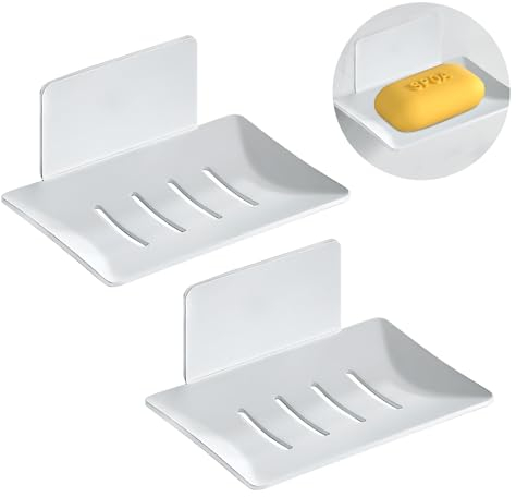 ZSMJAER 2Pcs Porte Savon Mural,Porte Savon Mural sans Perçage,Support Savon Mural Salle de Bain pour Éponges Brosses Savon,Blanc