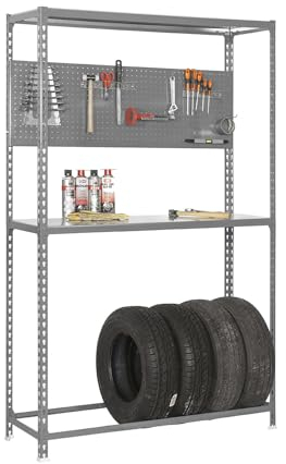 Simon Rack Simonauto Reifenregal, Reifenregal, inklusive Werkzeugtafel mit Zubehör, 2000 x 1200 x 400 mm, Regal für 4 Reifen, Grau