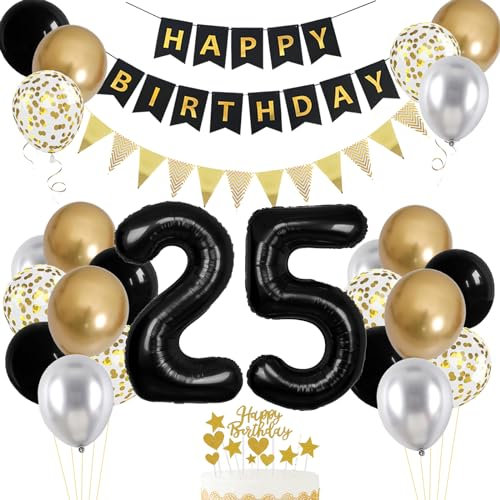25th Birthday Decorations - Foil Balloons, Banner, Cake Topper & More in Black, Gold & Silver