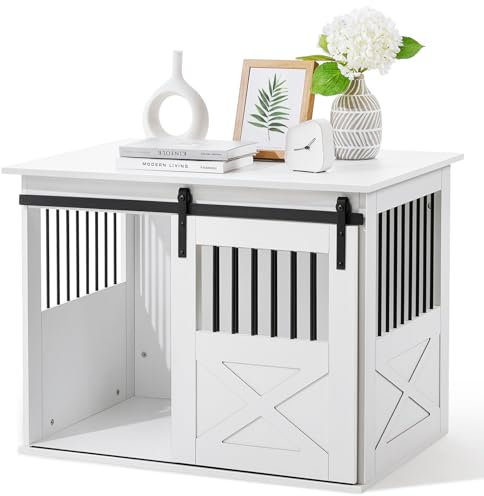 The Fellie Crate Furniture for Small/Medium Dogs, Heavy Duty With Sliding Door, Kennel Indoor, Wooden House, End Table, 90x60x66cm, White
