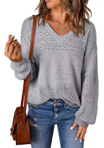 Aleumdr Women Solid Jumpers V Neck Long Sleeve Knitted Sweater Lightweight Loose Pullover Knit Top Gray M
