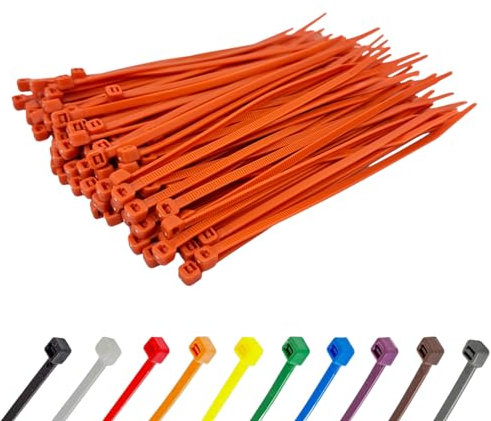 Orange Cable Ties (100 Pack - 200mm x 2.5mm) Nylon Zip Ties Plastic Tie Wraps for Office Cable Tidy Garden DIY