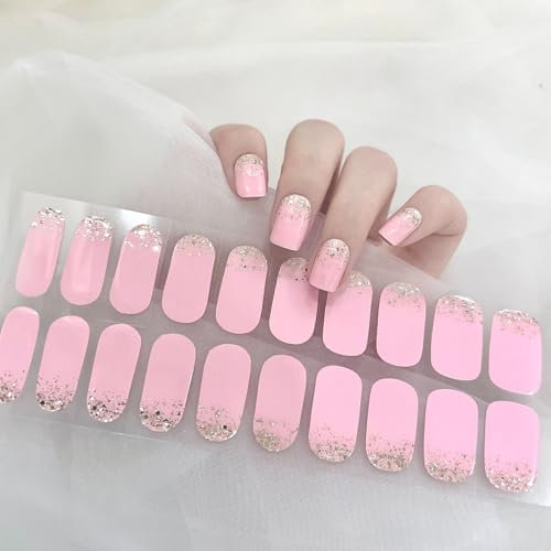 Semi Cured Gel Nail Polish Strips, 22 Stickers Nail Wraps Self-Adhesive French Tip Gel Nail Stickers, Long Lasting Glossy Full Wraps Nail Art Stickers Manicure Set, UV/LED Lamp Required - Glitter Pink