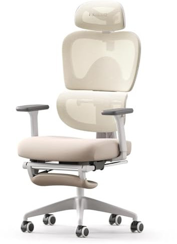 MUSSO E600SE - Chaise de bureau ergonomique réglable sur 3 niveaux - Accoudoir et appui-tête réglables en 3D - Avec repose-pieds - Pour femme - Protection de la colonne vertébrale - Siège (beige)